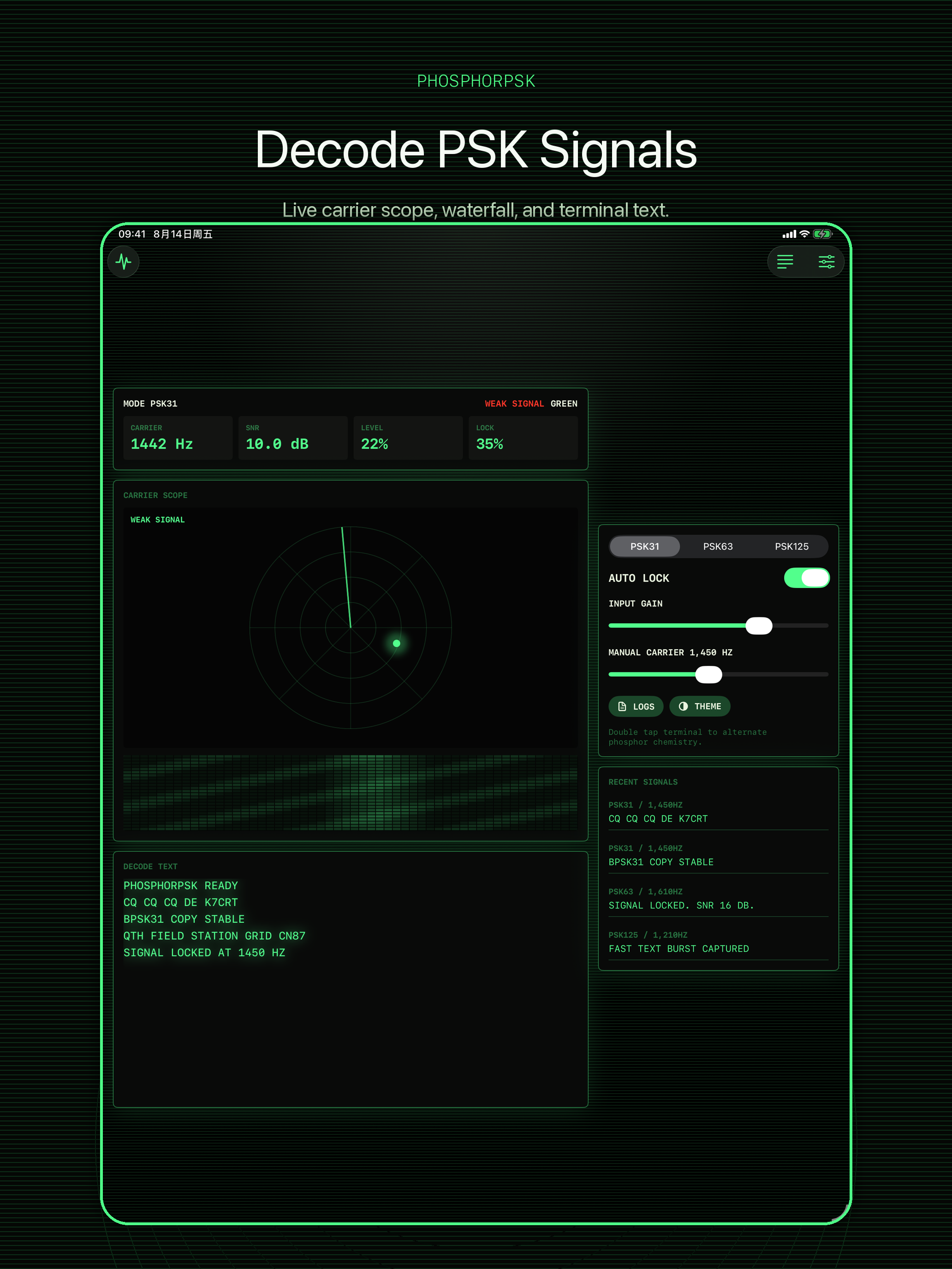 PhosphorPSK iPad workbench with scope, controls, and logs
