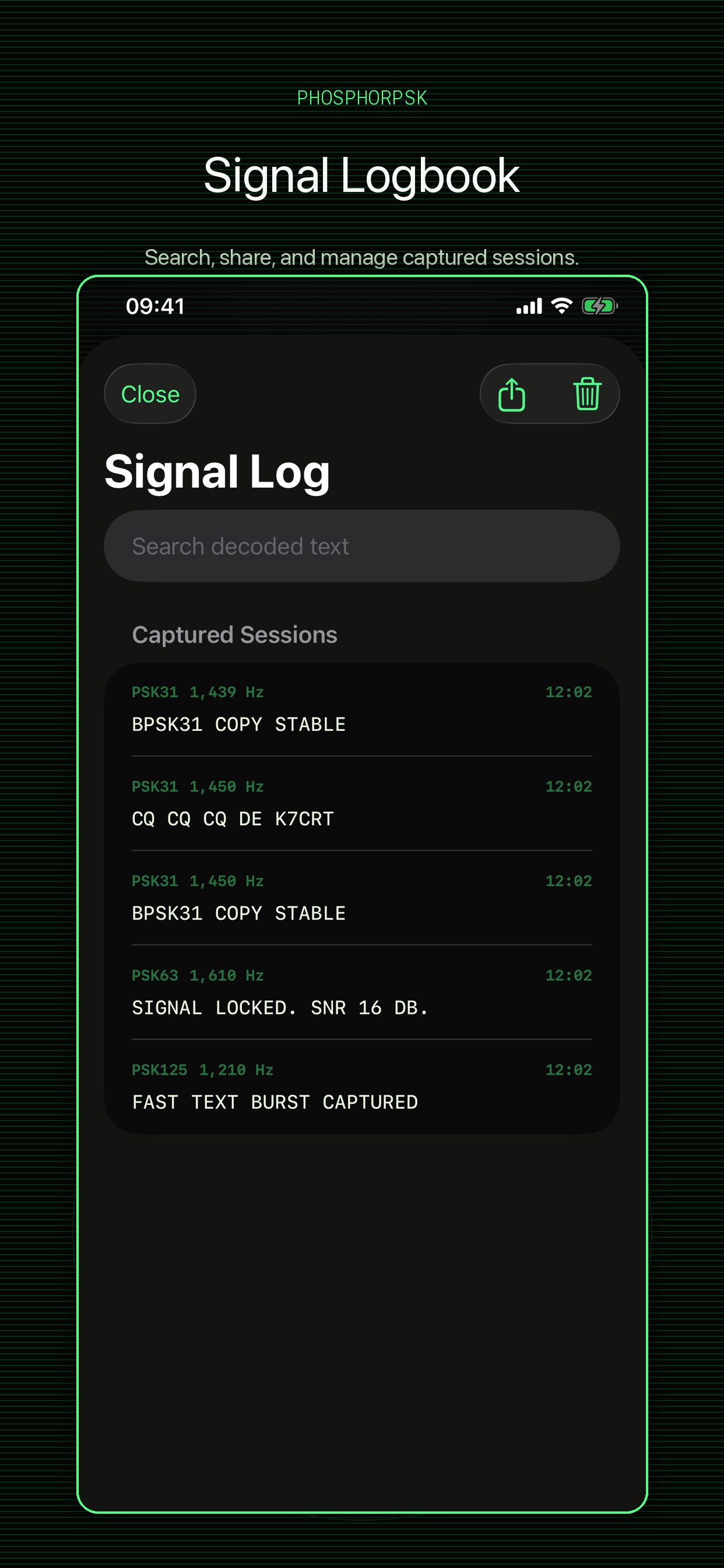 Signal log screen